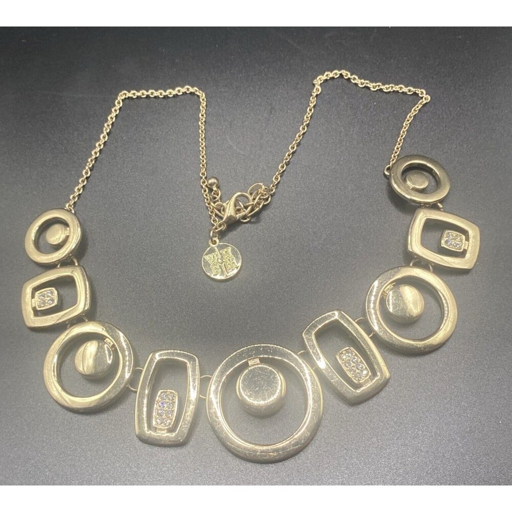 WHBM Necklace Goldtone Geometric Links Circles and Rectangles Rhinestone Accents